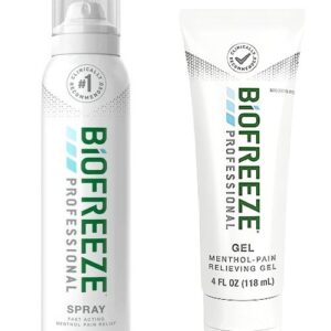 A bottle of biofreeze spray and a tube of biofreeze gel